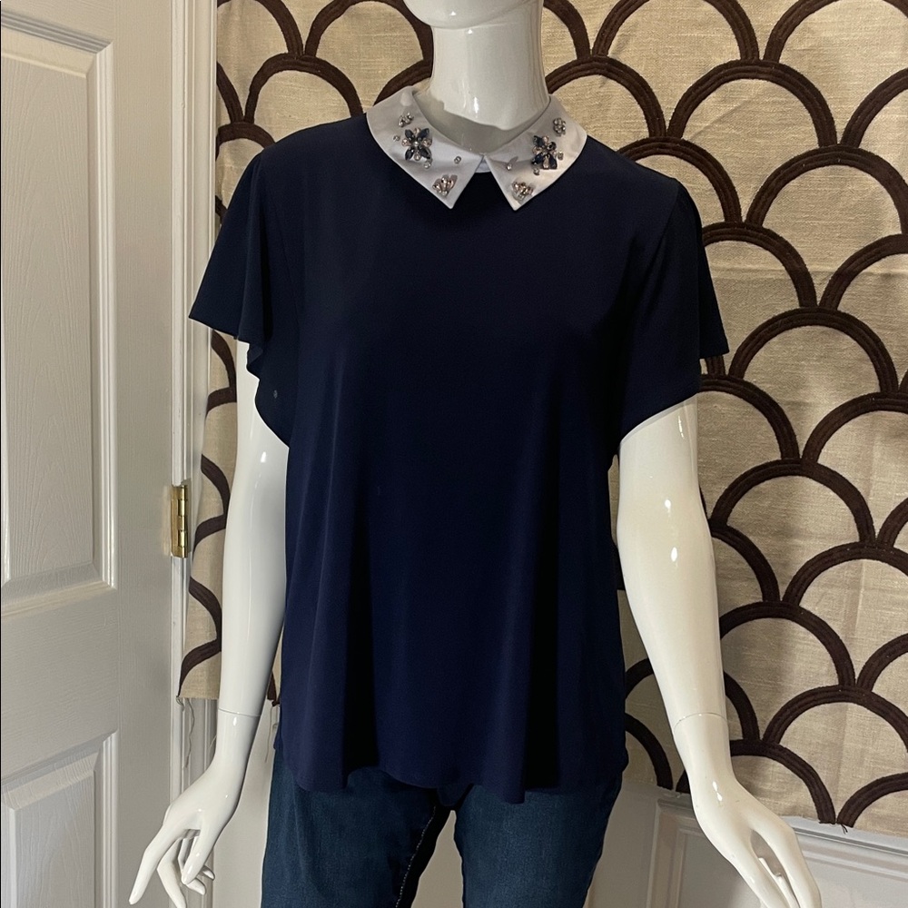 Navy Blue Short Sleeve Blouse with Embellished Collar